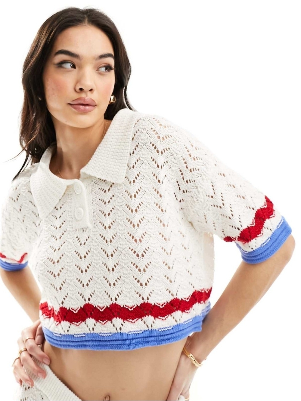 ASOS White Open-Knit Cropped Polo Sweater with Red & Blue Trim